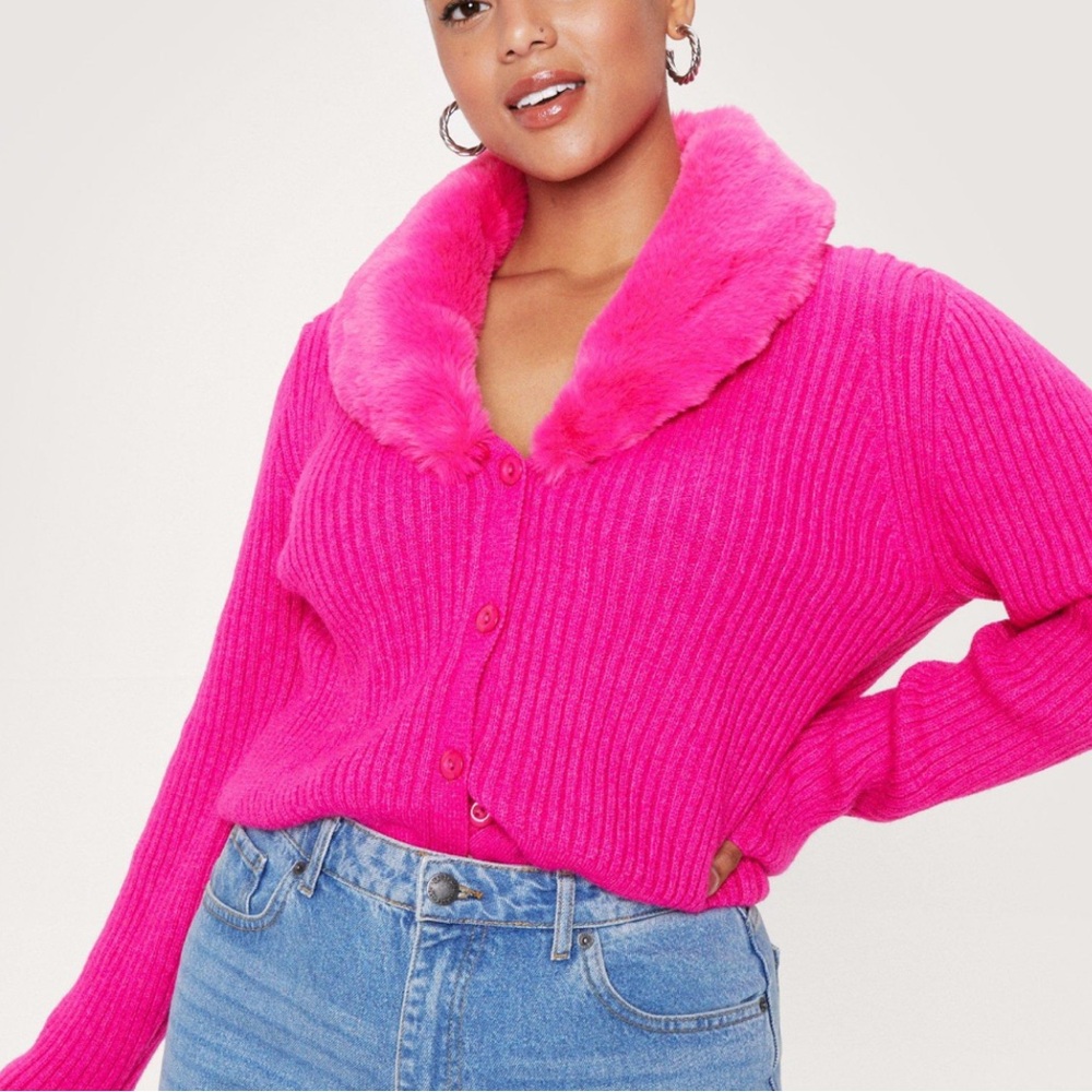 Nasty Gal Hot Pink Faux Fur Collar Cardigan